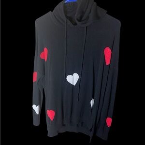 Woman’s lg Rachel Zoe Black sweater hoodie with white and red hearts